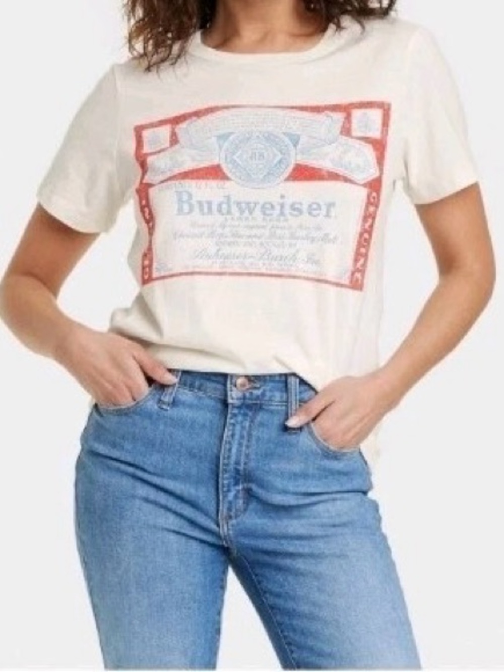 Hybrid Apparel White Short Sleeve Tee with Red & Blue Label Graphic